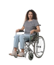 Photo of Smiling woman in wheelchair on white background