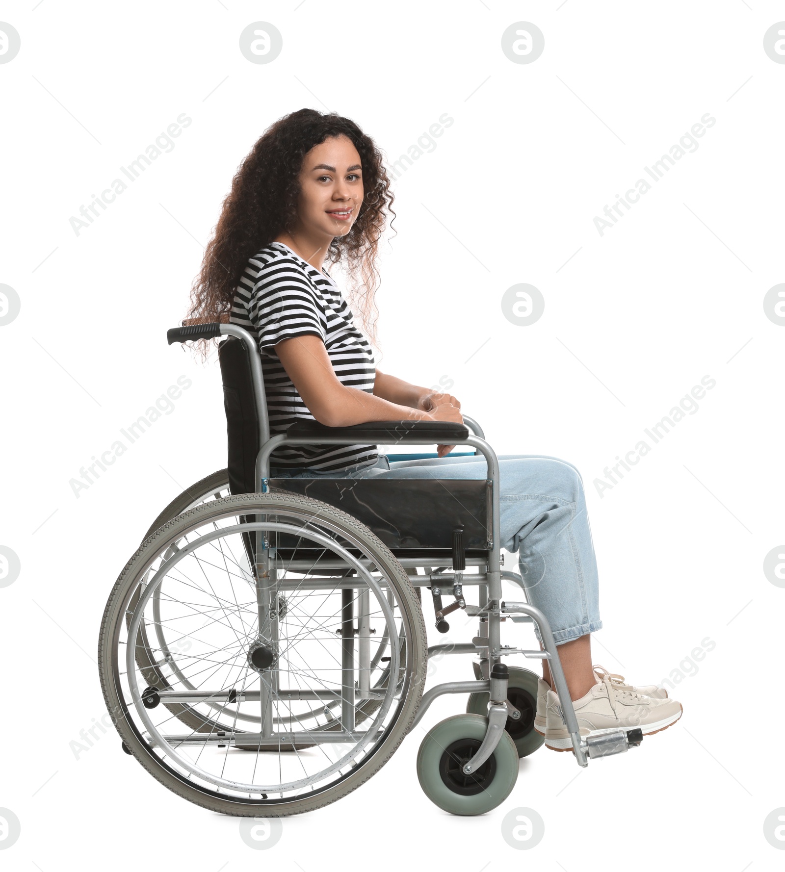 Photo of Smiling woman in wheelchair on white background