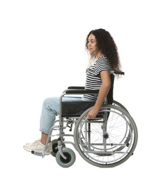 Photo of Smiling woman in wheelchair on white background