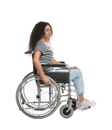 Photo of Smiling woman in wheelchair on white background