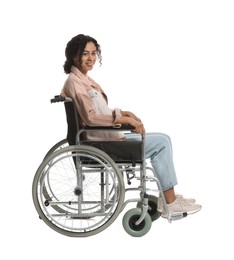 Photo of Smiling woman in wheelchair on white background