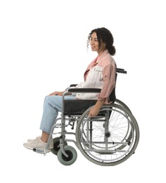 Photo of Smiling woman in wheelchair on white background