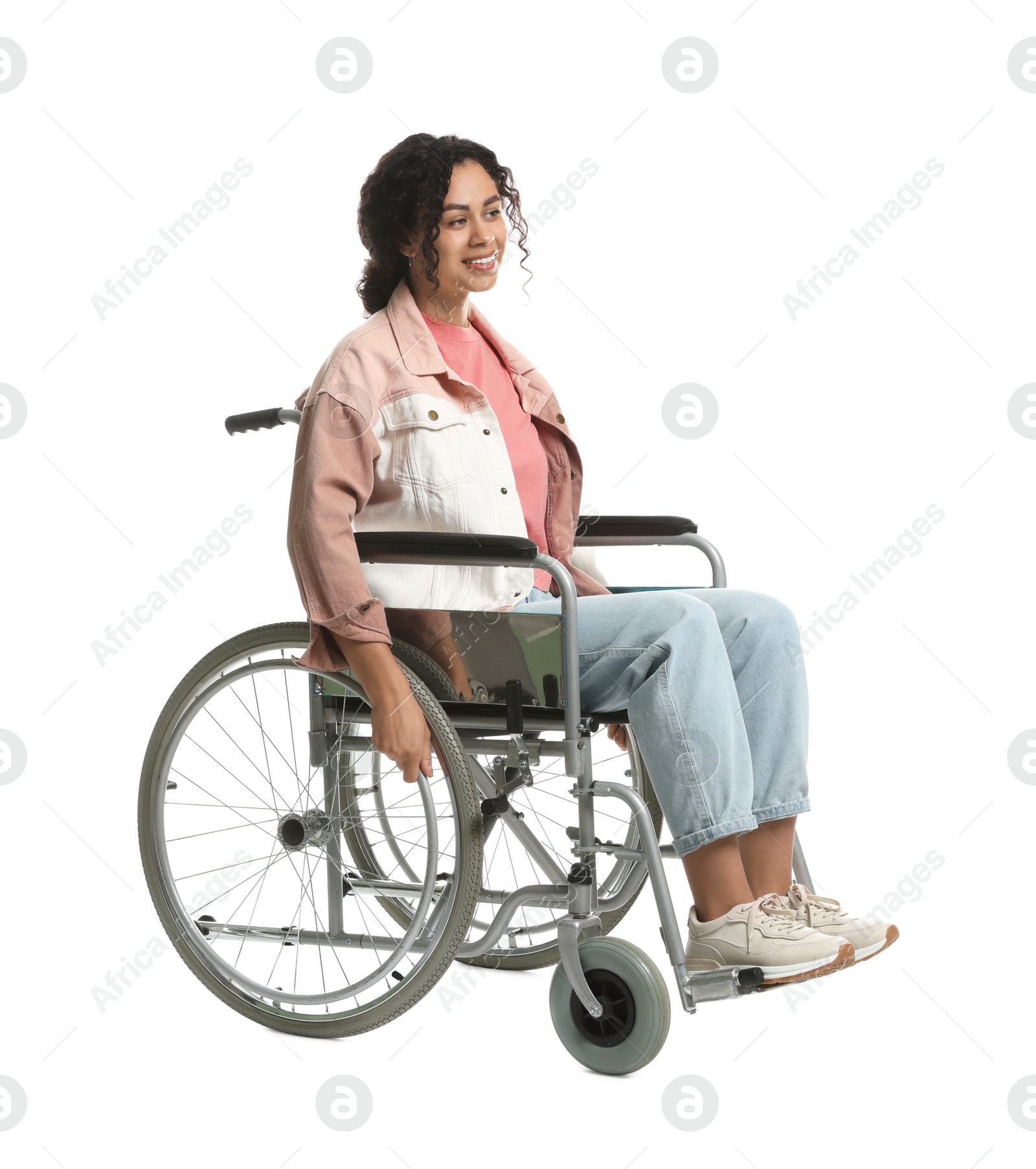 Photo of Smiling woman in wheelchair on white background