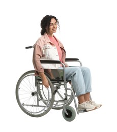 Photo of Smiling woman in wheelchair on white background