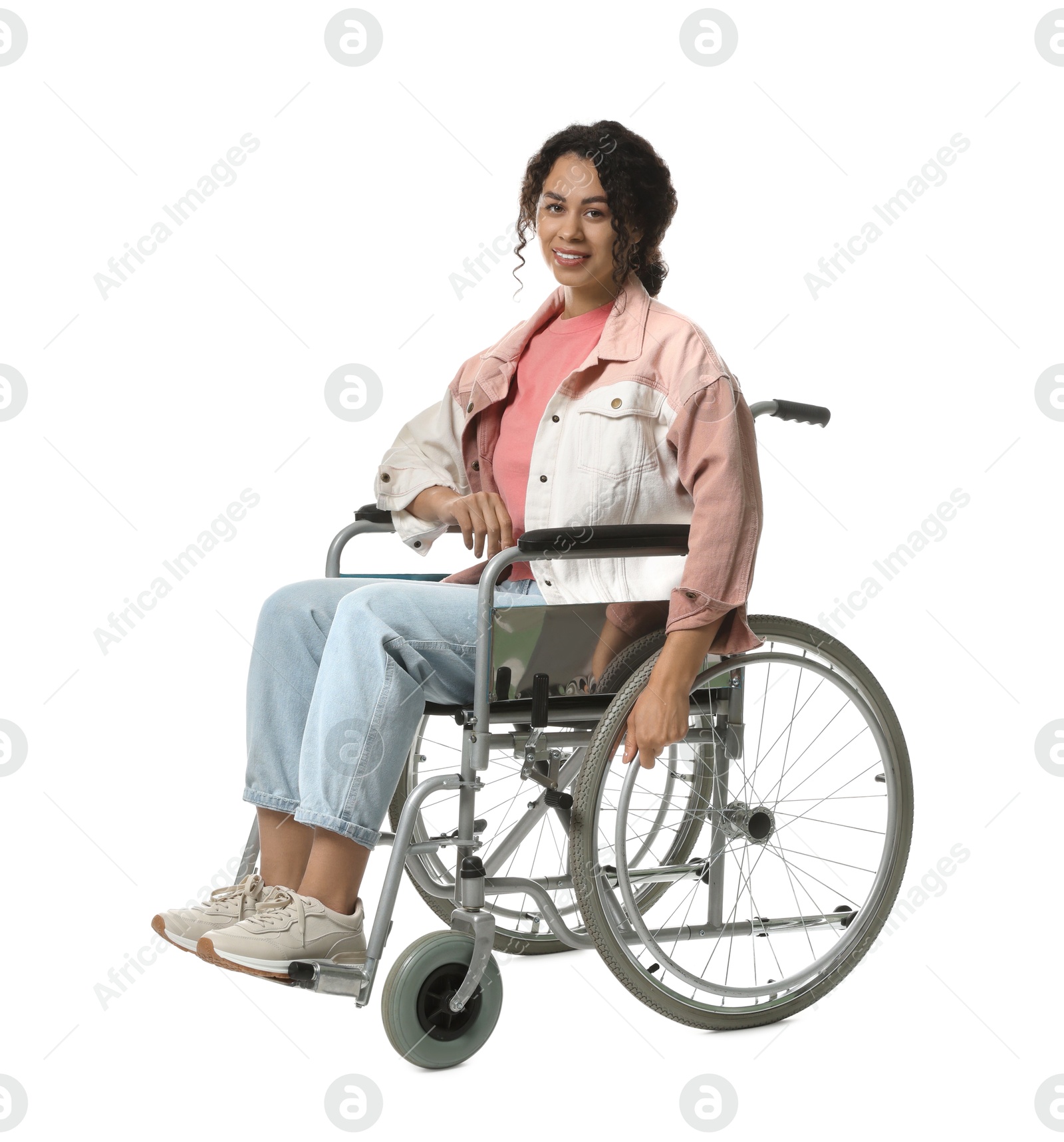 Photo of Smiling woman in wheelchair on white background