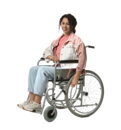 Photo of Smiling woman in wheelchair on white background