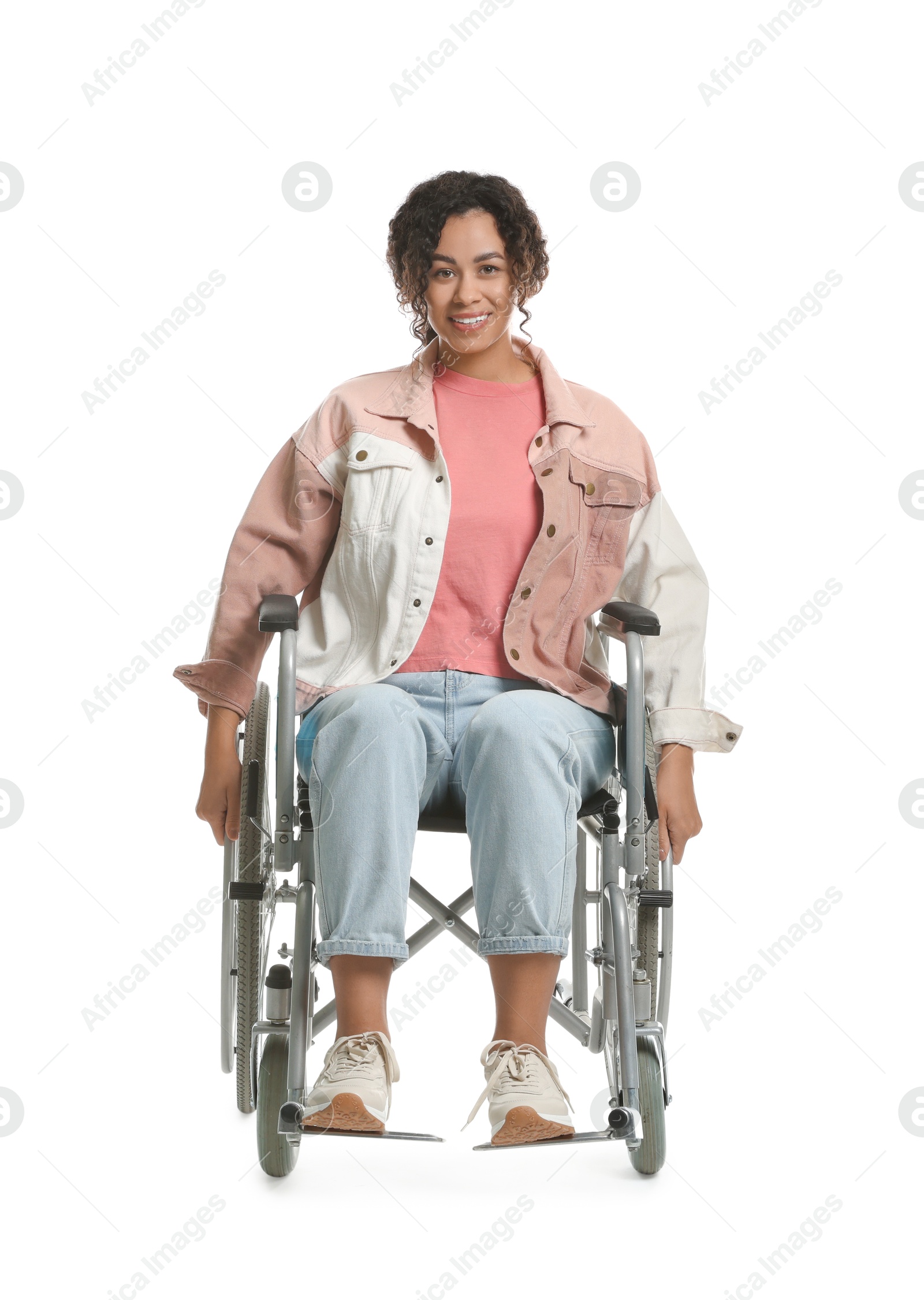 Photo of Smiling woman in wheelchair on white background