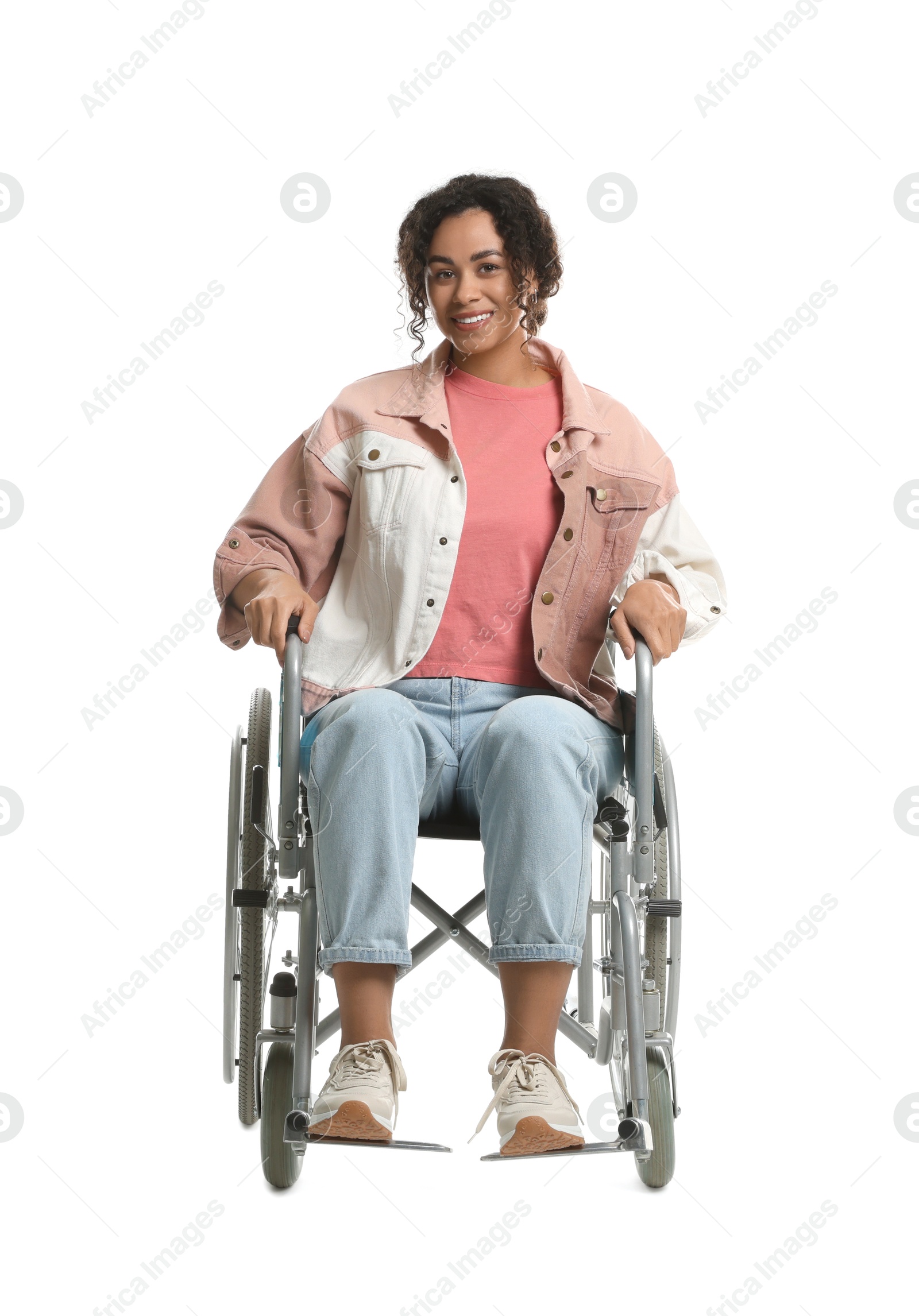 Photo of Smiling woman in wheelchair on white background