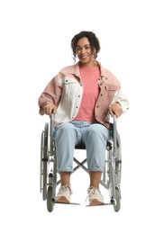 Photo of Smiling woman in wheelchair on white background