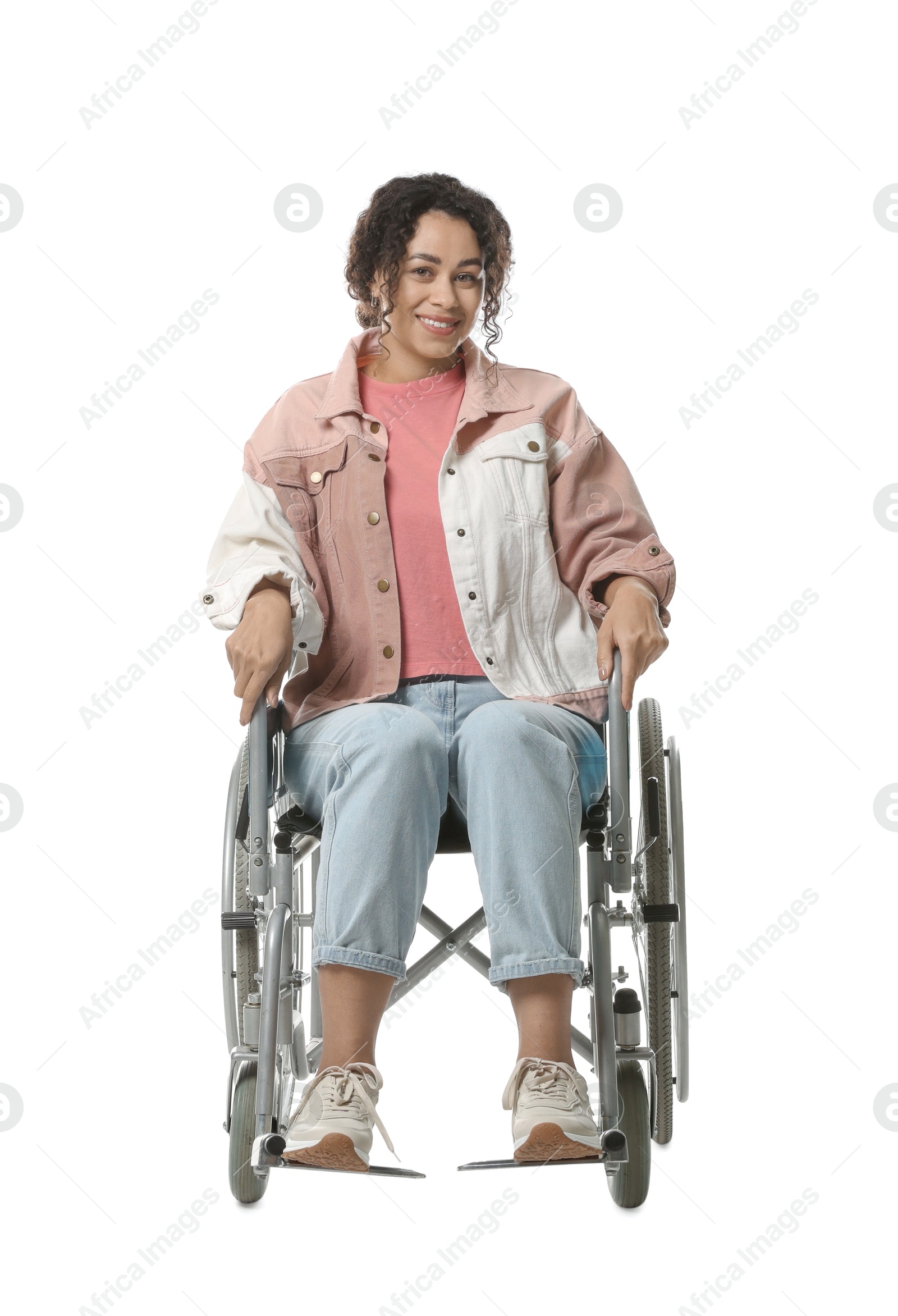 Photo of Smiling woman in wheelchair on white background