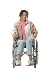 Photo of Smiling woman in wheelchair on white background