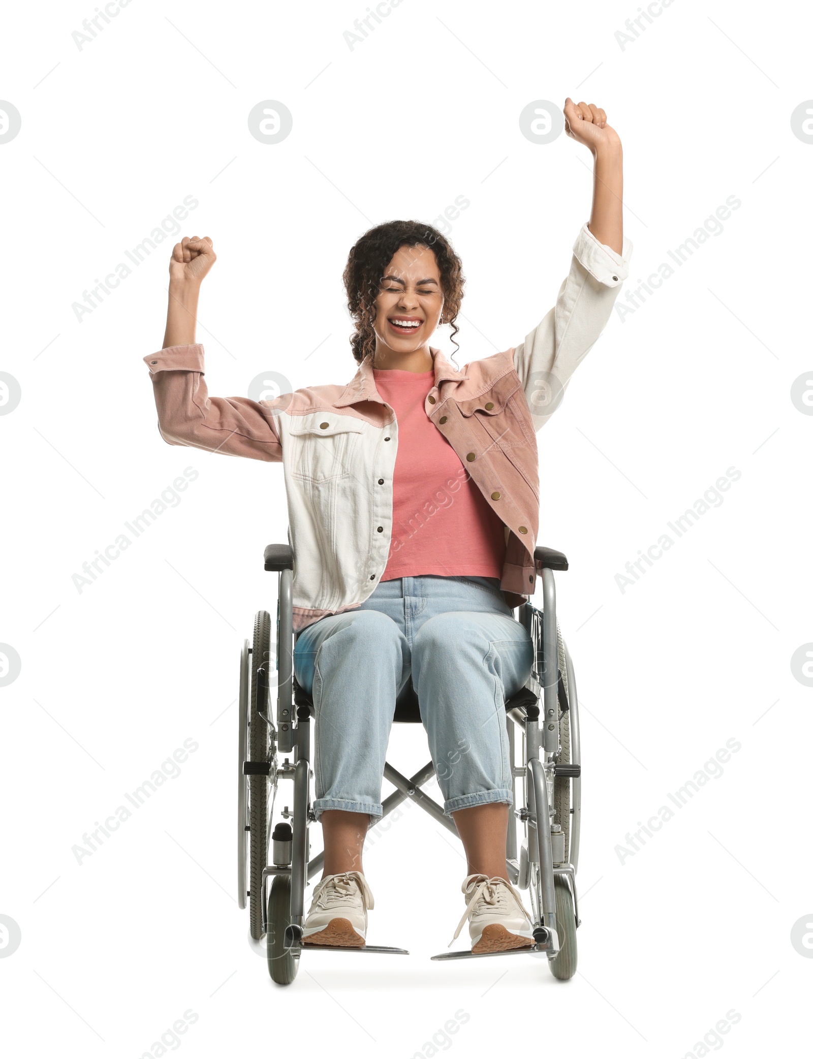 Photo of Happy woman in wheelchair on white background