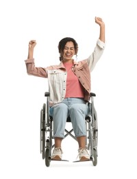 Photo of Happy woman in wheelchair on white background