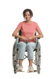 Photo of Smiling woman in wheelchair on white background