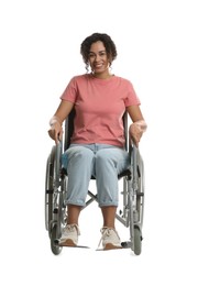 Photo of Smiling woman in wheelchair on white background