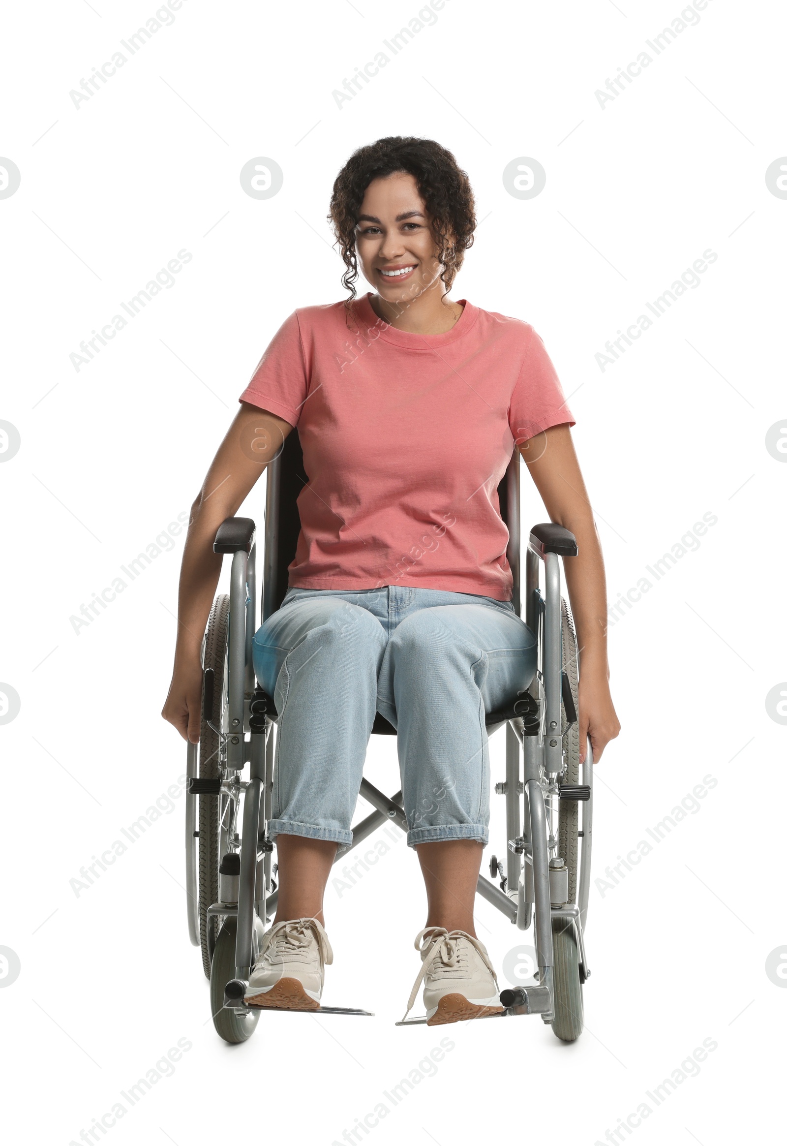 Photo of Smiling woman in wheelchair on white background