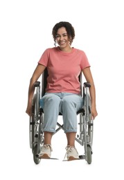 Smiling woman in wheelchair on white background