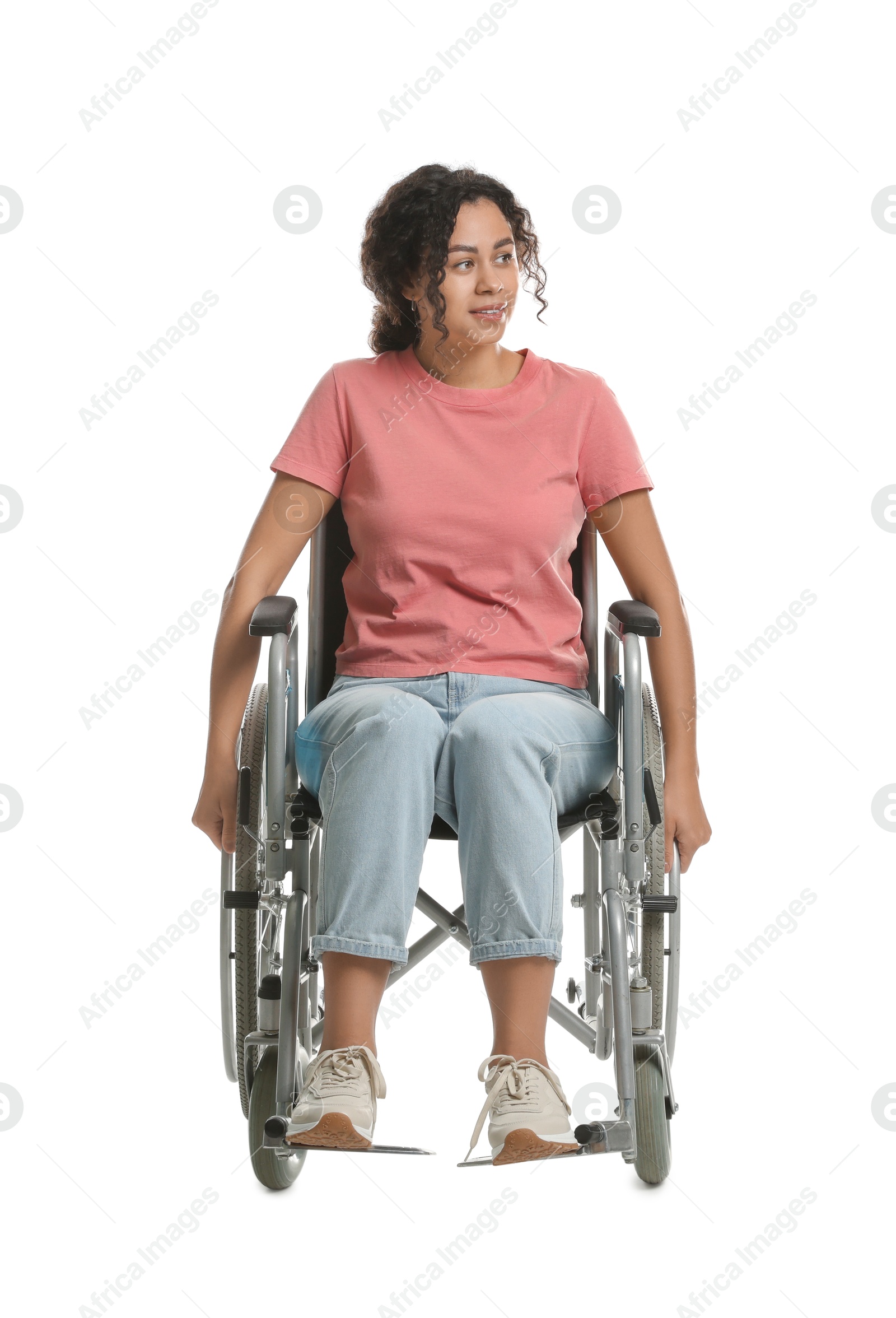 Photo of Smiling woman in wheelchair on white background