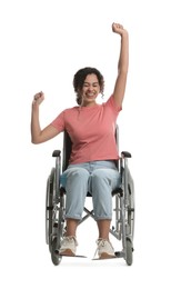 Photo of Happy woman in wheelchair on white background