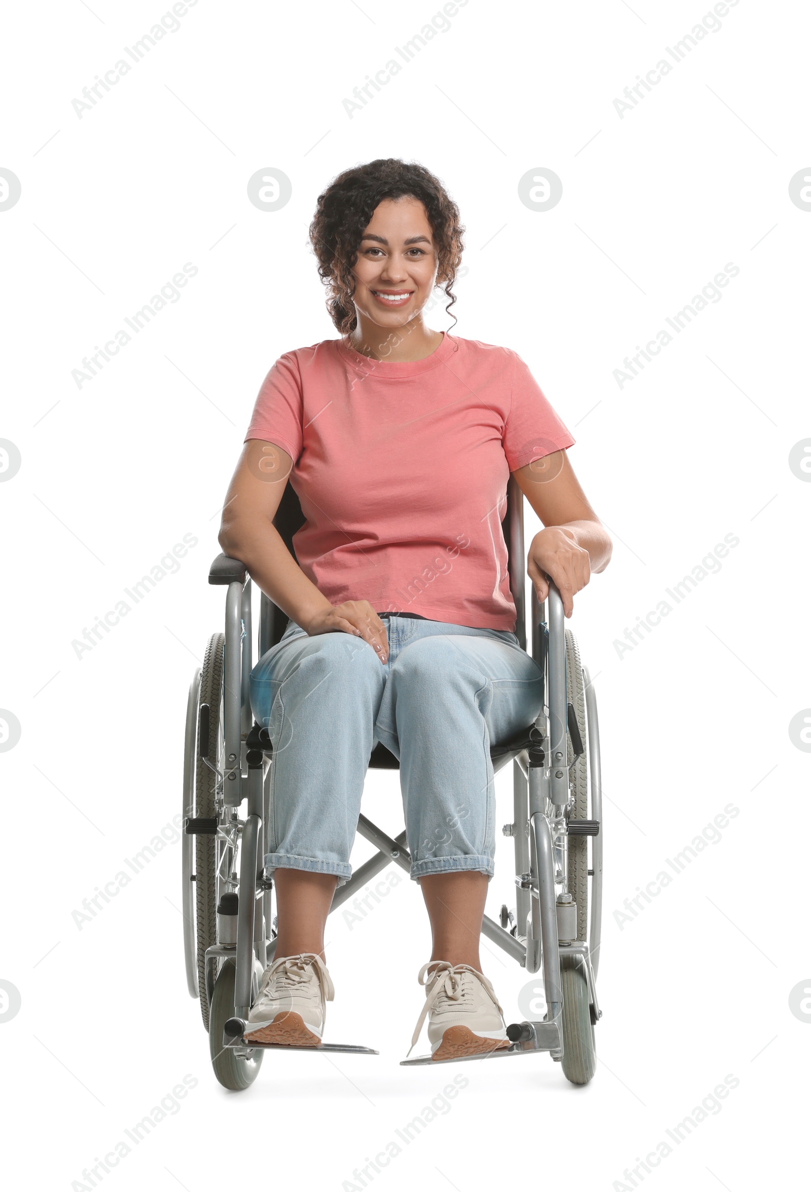 Photo of Smiling woman in wheelchair on white background