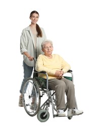 Photo of Caregiver with elderly woman in wheelchair on white background