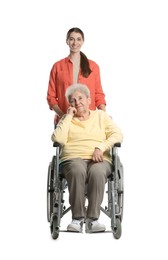 Photo of Caregiver with elderly woman in wheelchair on white background