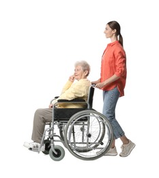 Photo of Caregiver with elderly woman in wheelchair on white background