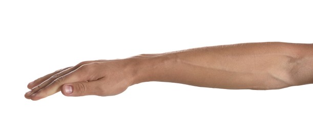 Photo of Man with bulging veins on his arm against white background, closeup