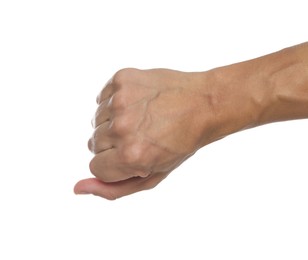 Photo of Man with bulging veins on his arm against white background, closeup