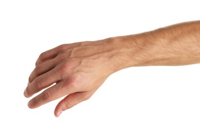 Photo of Man with bulging veins on his arm against white background, closeup