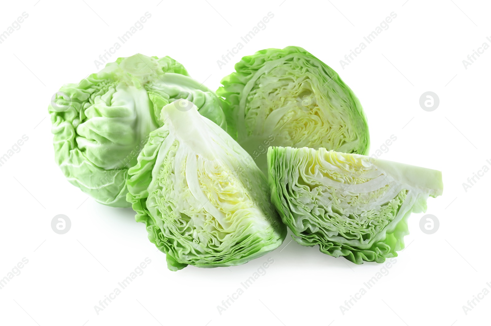 Photo of Whole and cut cabbages isolated on white