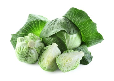 Photo of Whole and cut cabbages isolated on white