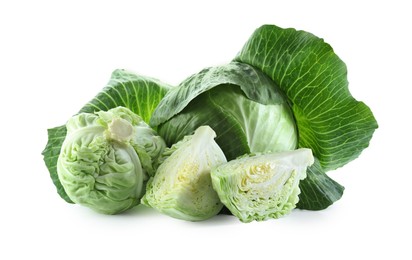 Photo of Whole and cut cabbages isolated on white