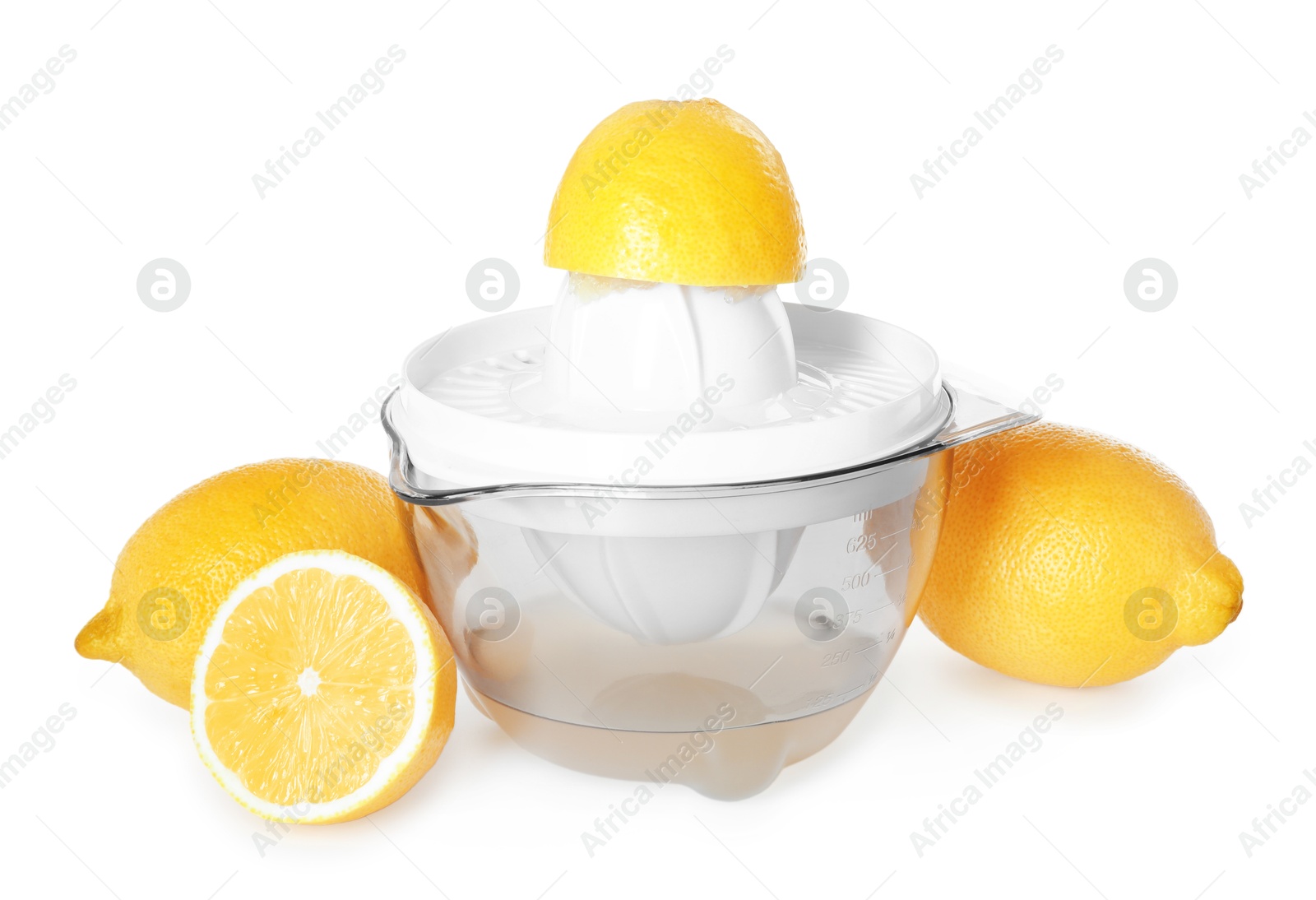 Photo of Juicer and fresh lemons isolated on white