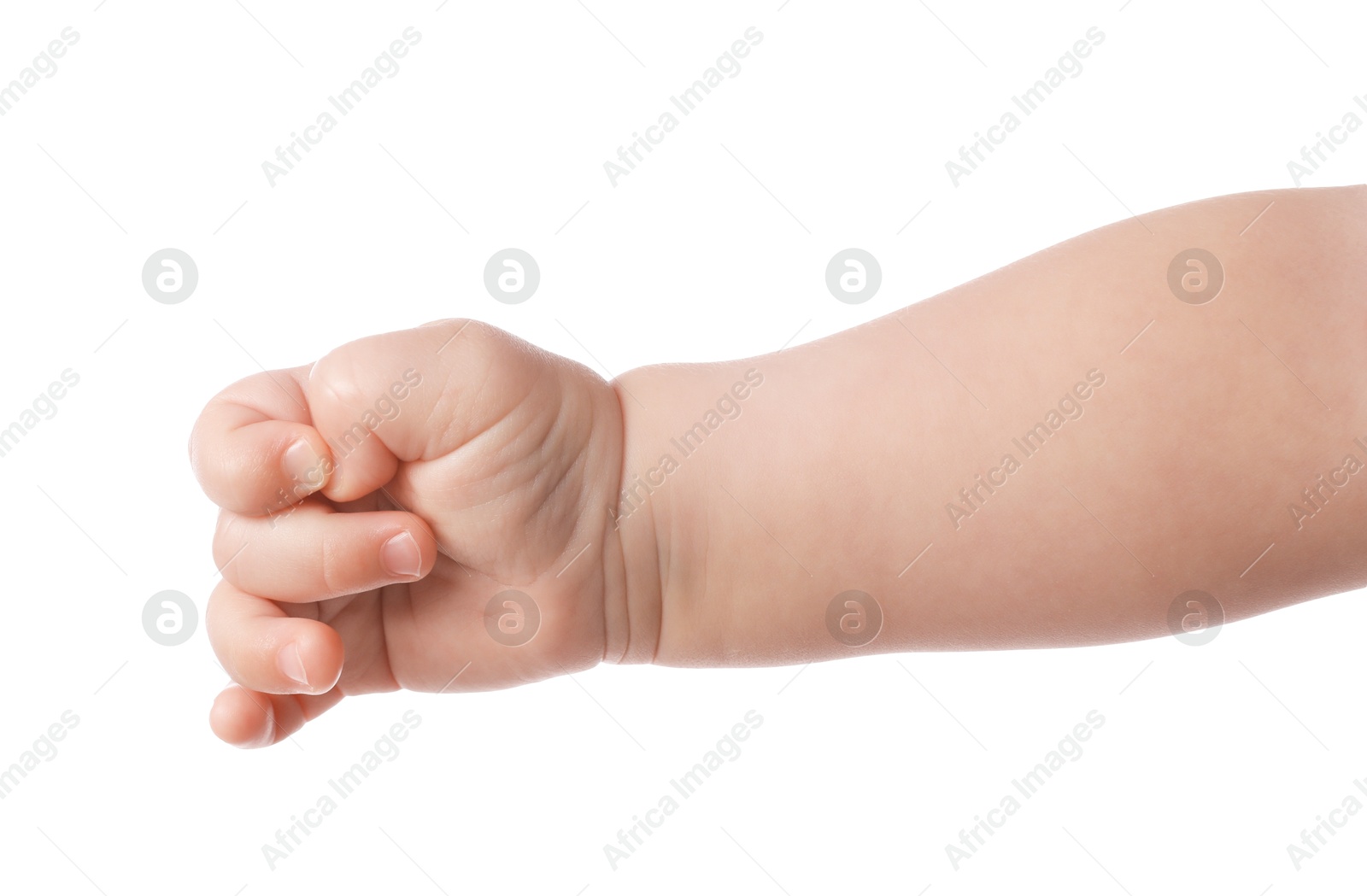 Photo of Little baby on white background, closeup view