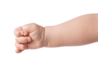 Photo of Little baby on white background, closeup view