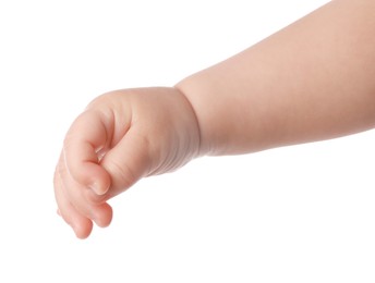 Photo of Little baby on white background, closeup view