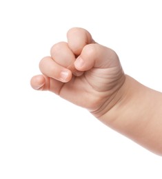 Photo of Little baby on white background, closeup view