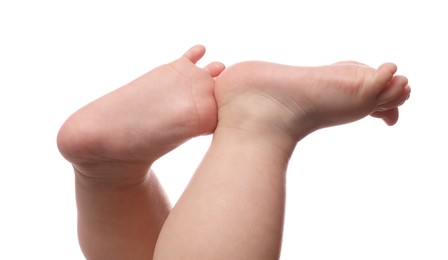 Photo of Little baby on white background, closeup view