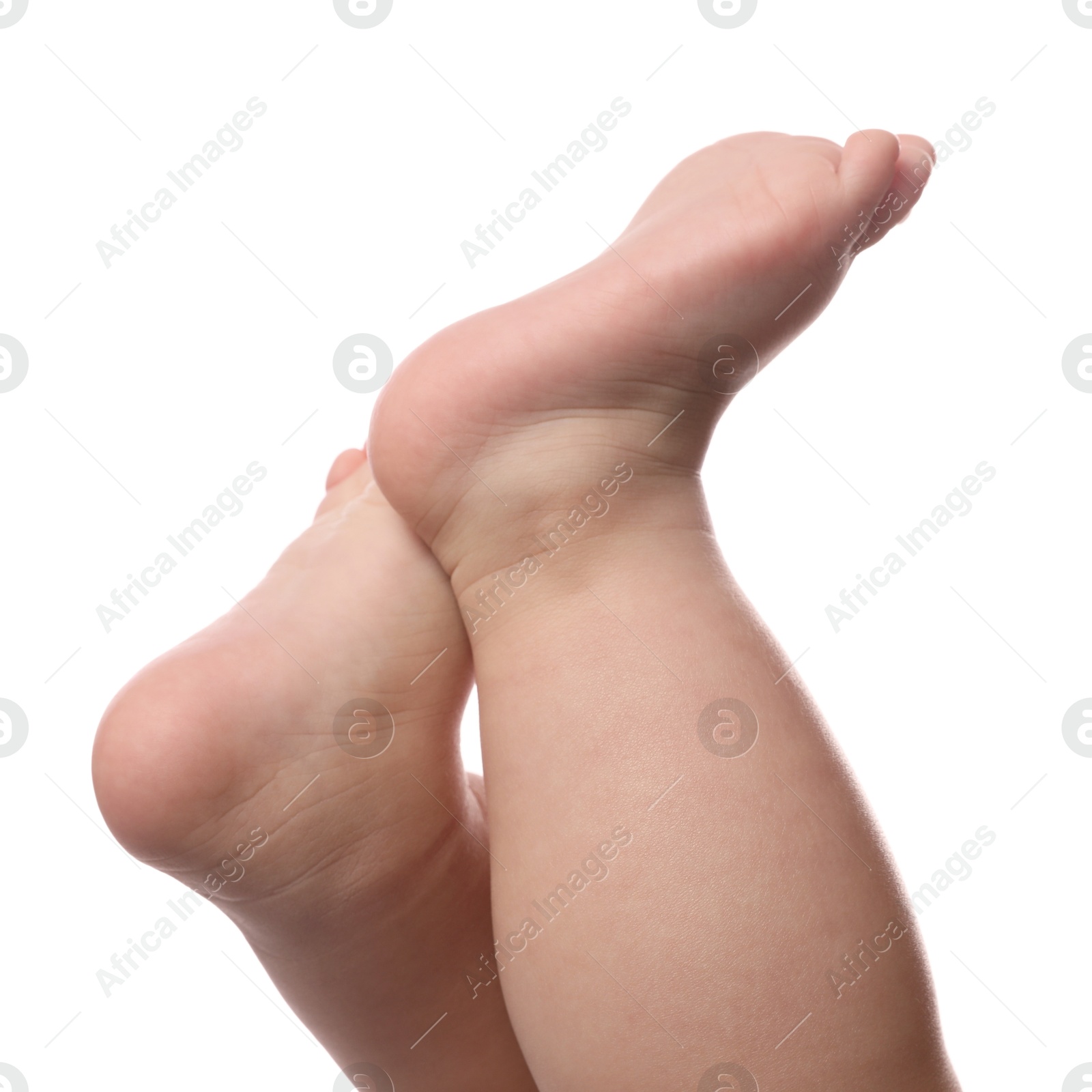 Photo of Little baby on white background, closeup view