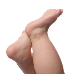 Photo of Little baby on white background, closeup view