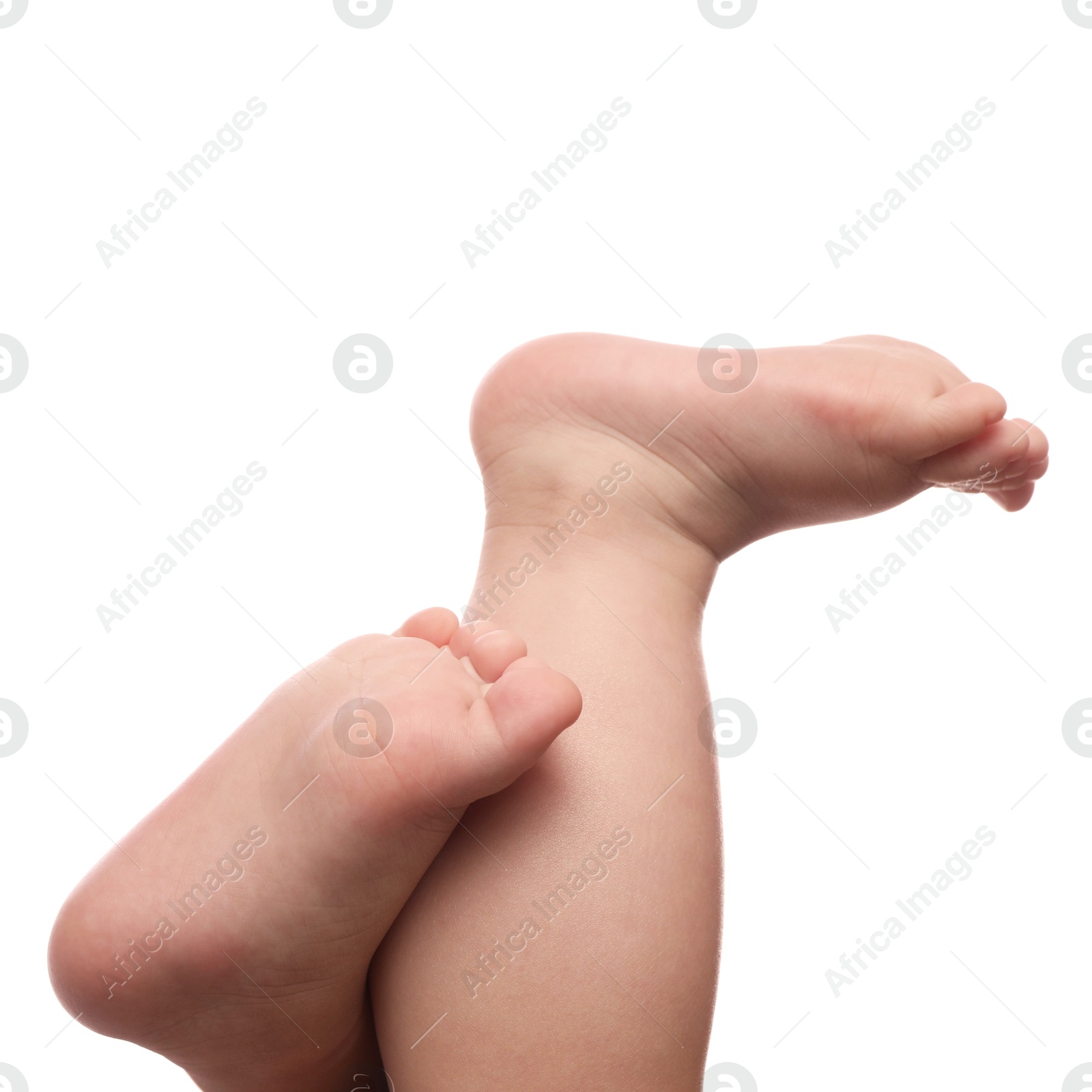 Photo of Little baby on white background, closeup view