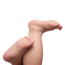 Photo of Little baby on white background, closeup view