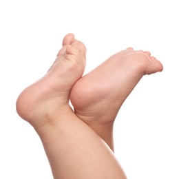 Photo of Little baby on white background, closeup view