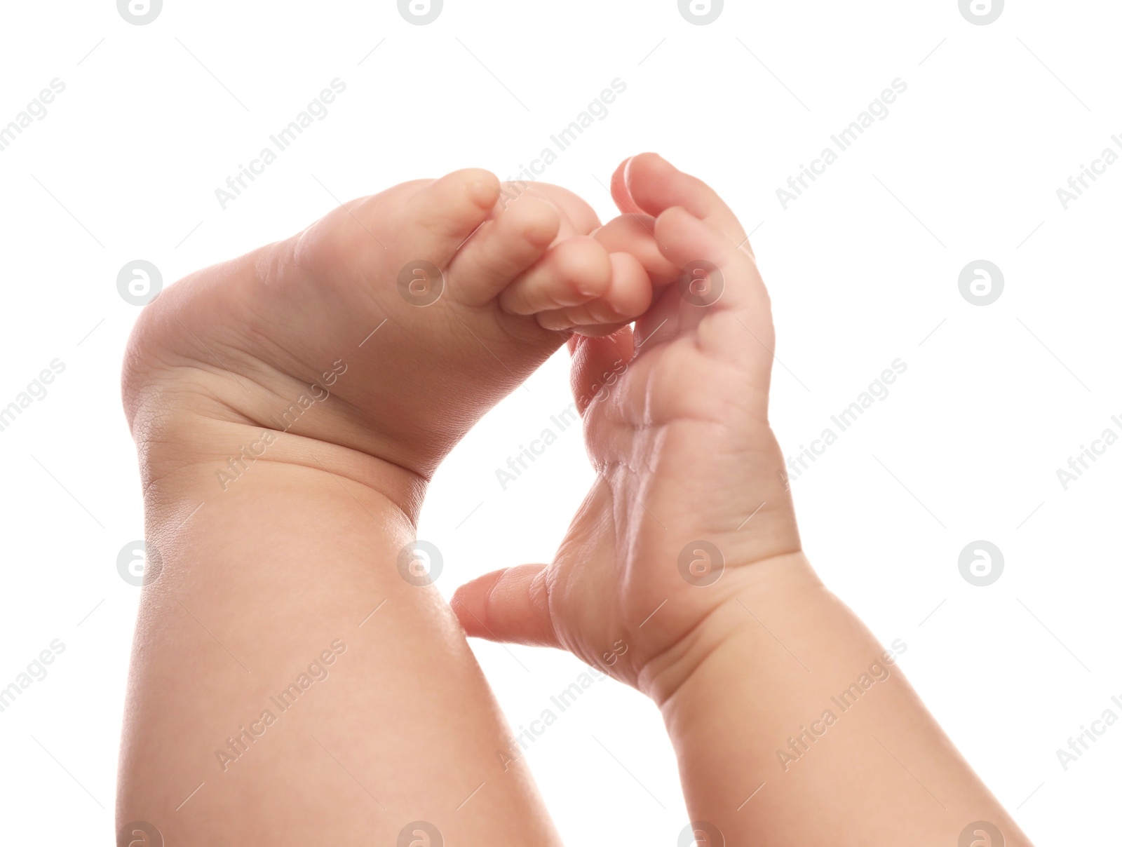 Photo of Little baby on white background, closeup view