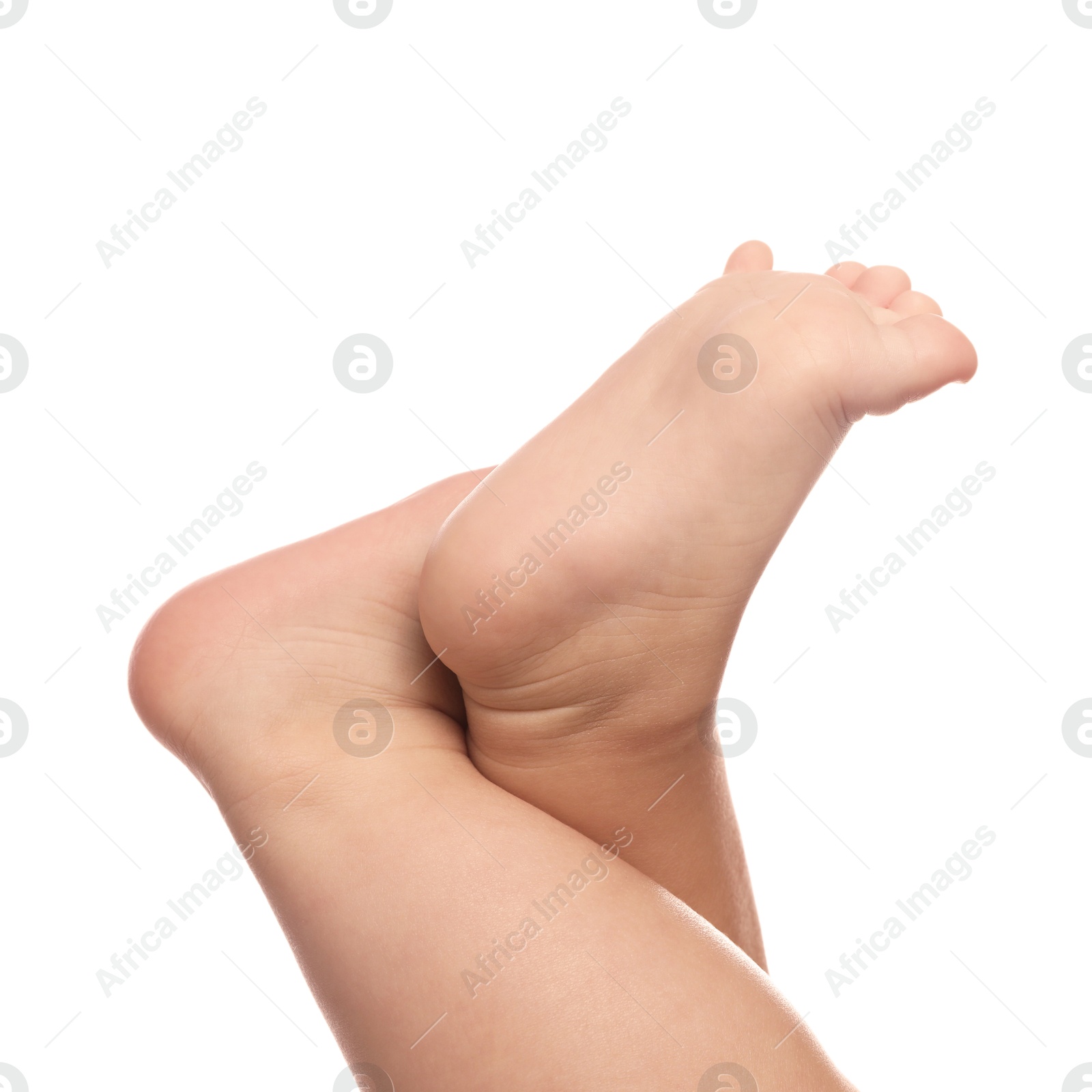 Photo of Little baby on white background, closeup view