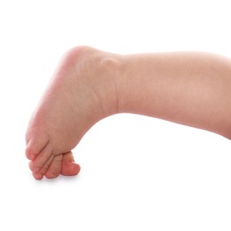 Photo of Little baby on white background, closeup view