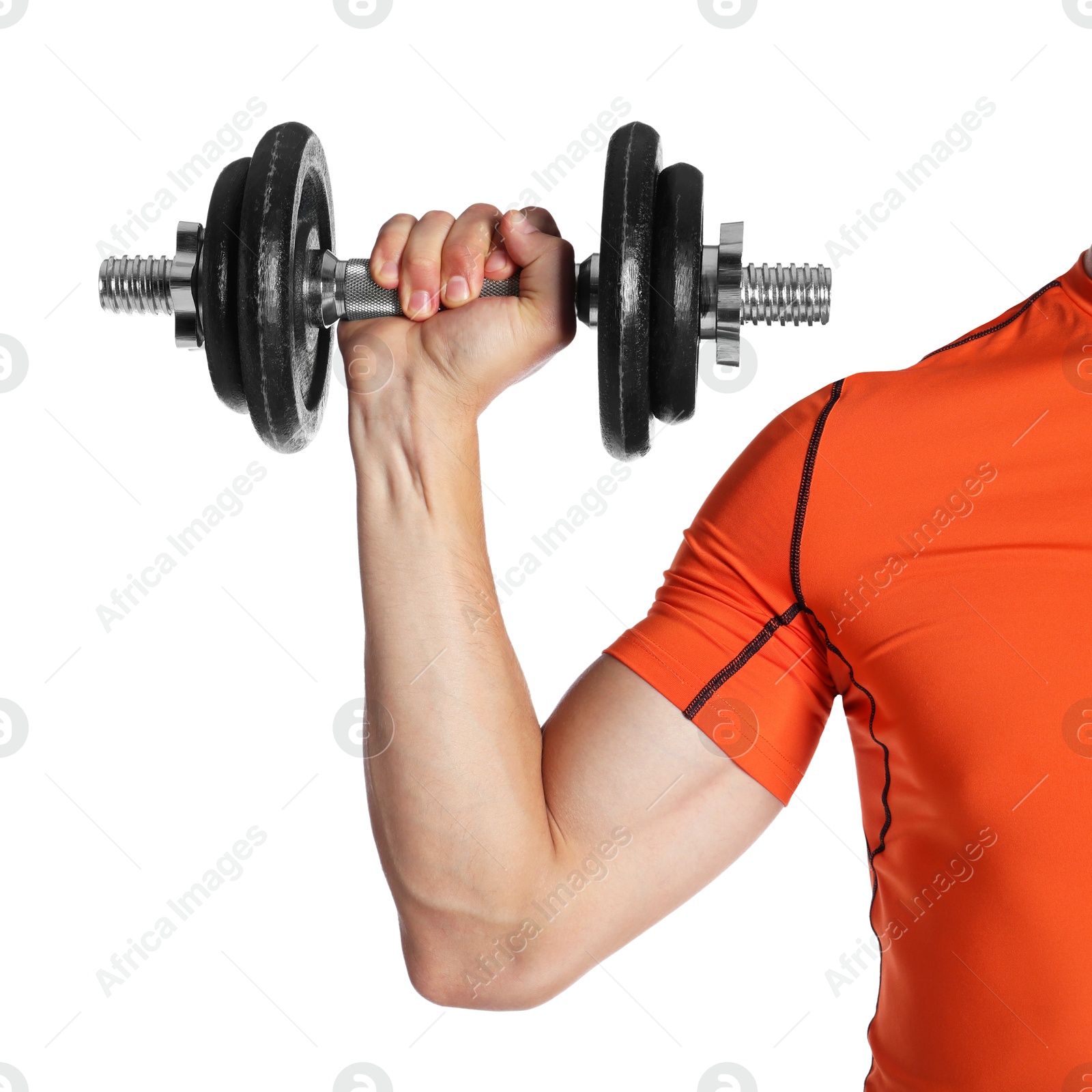 Photo of Man exercising with barbell on white background, closeup