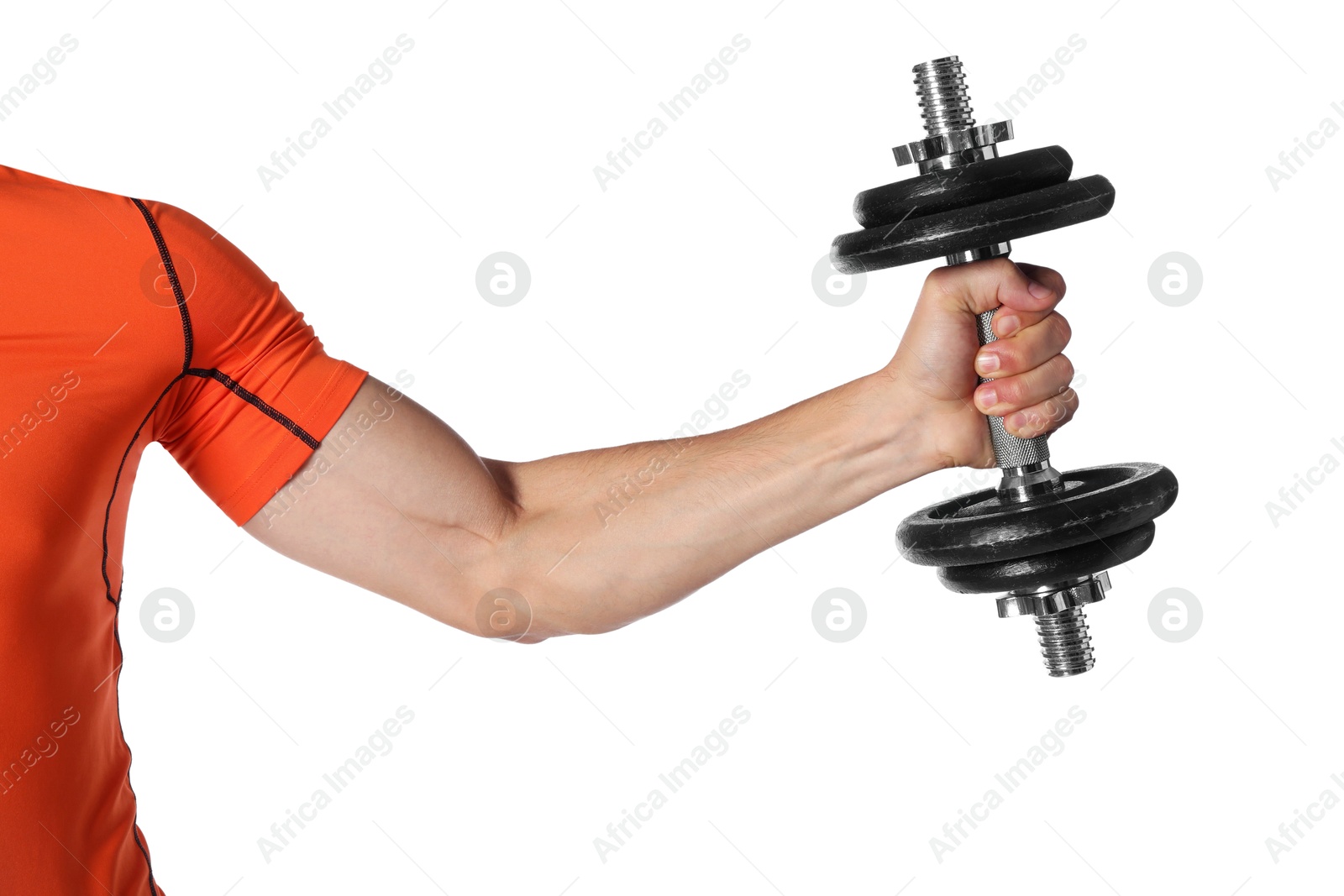 Photo of Man exercising with barbell on white background, closeup