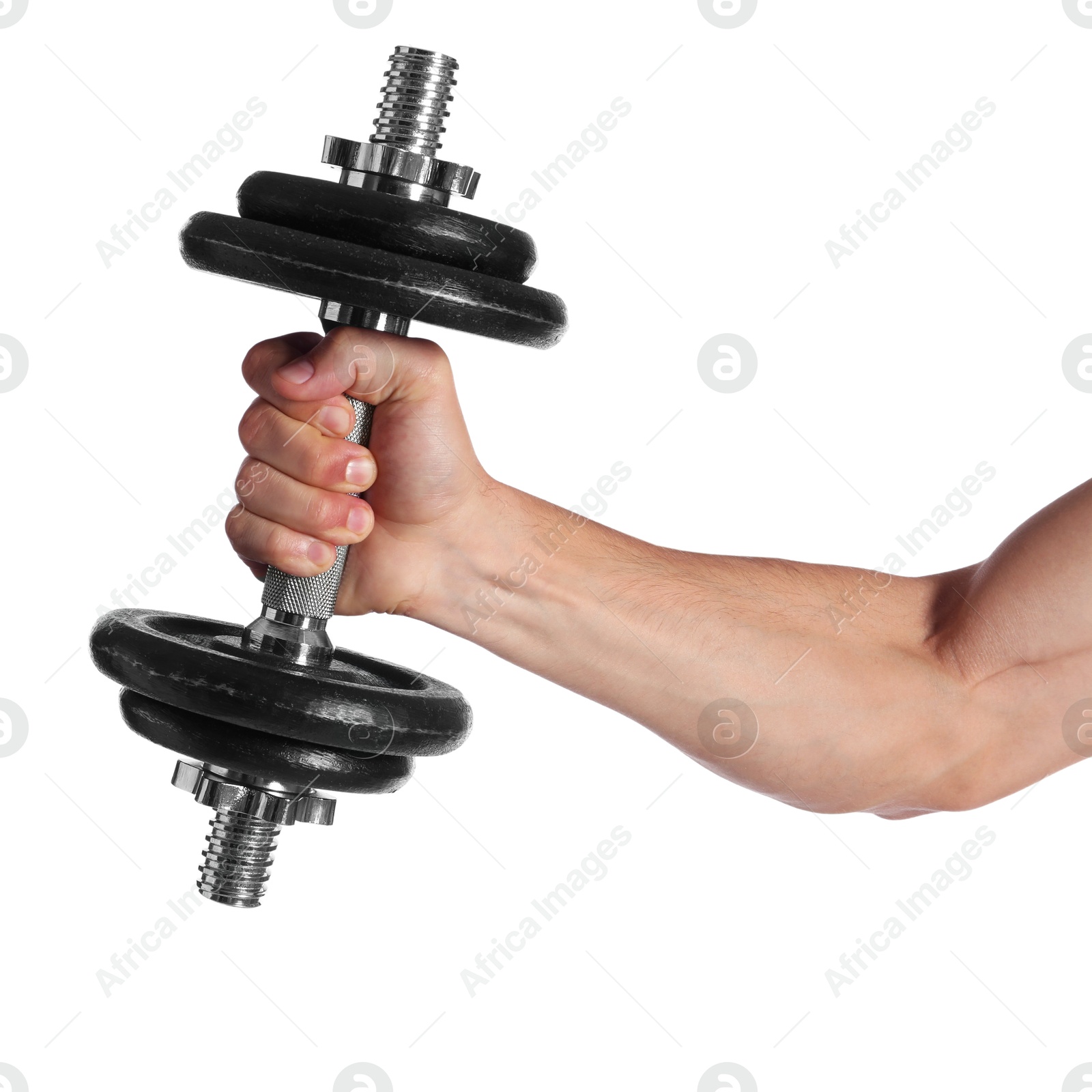 Photo of Man exercising with barbell on white background, closeup